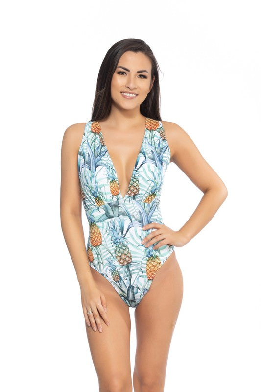 PINEAPPLE PRINT V NECKLINE ONE PIECE SWIMSUIT-Teresa&#39;s Fashionista LLC