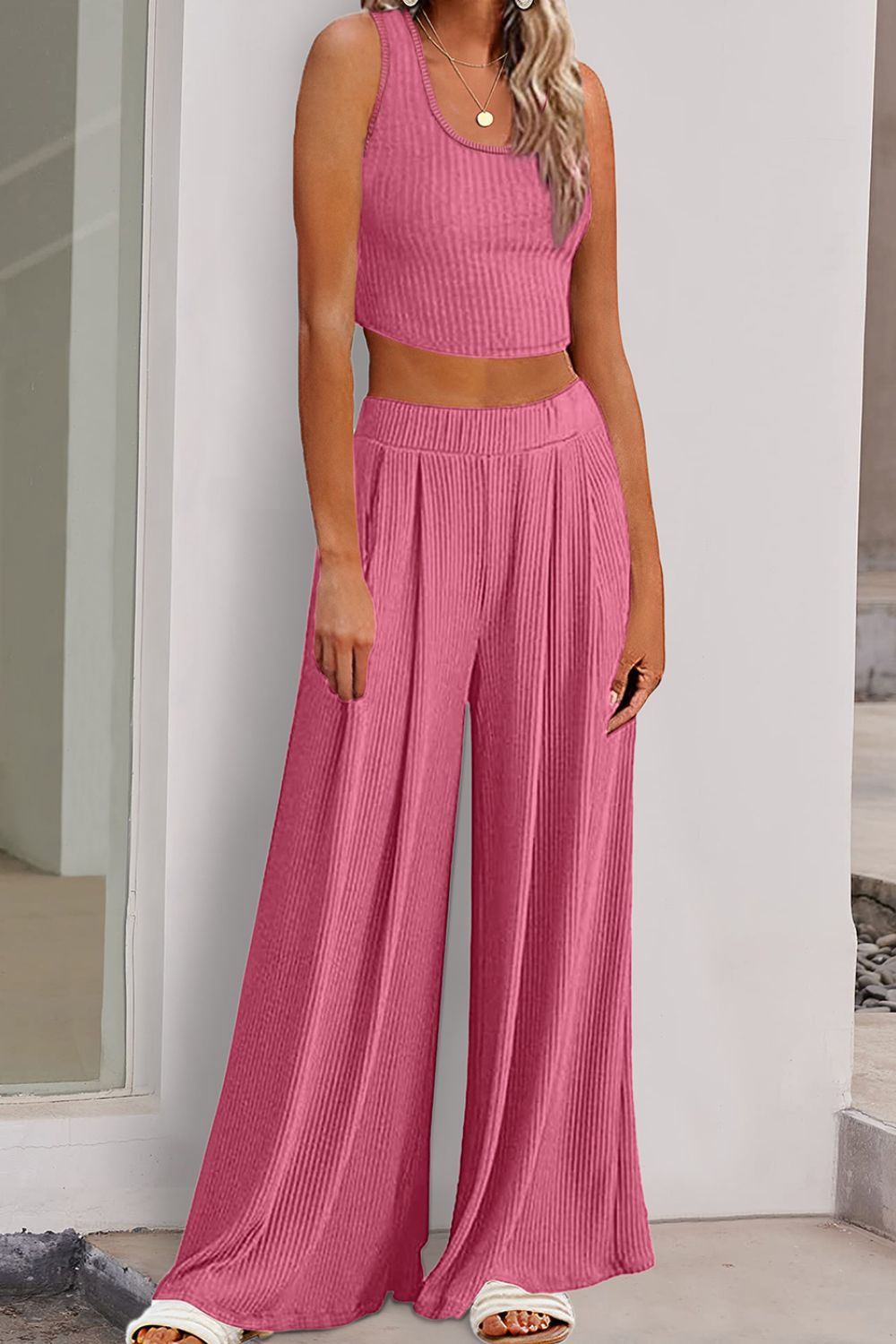 Scoop Neck Top and Wide Leg Pants Set-Teresa&#39;s Fashionista LLC