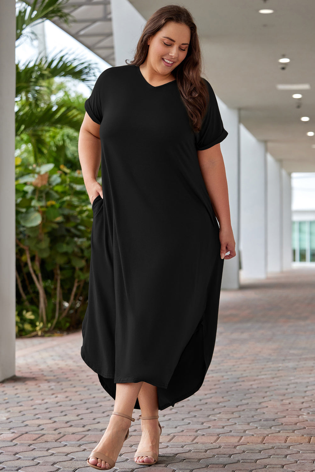 Plus Size V-Neck Short Sleeve Maxi Dress-Teresa&#39;s Fashionista LLC