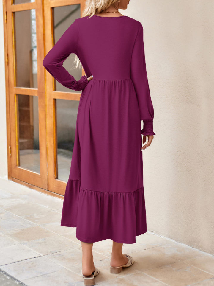 Round Neck Lantern Sleeve Ruffle Hem Dress-Teresa&#39;s Fashionista LLC