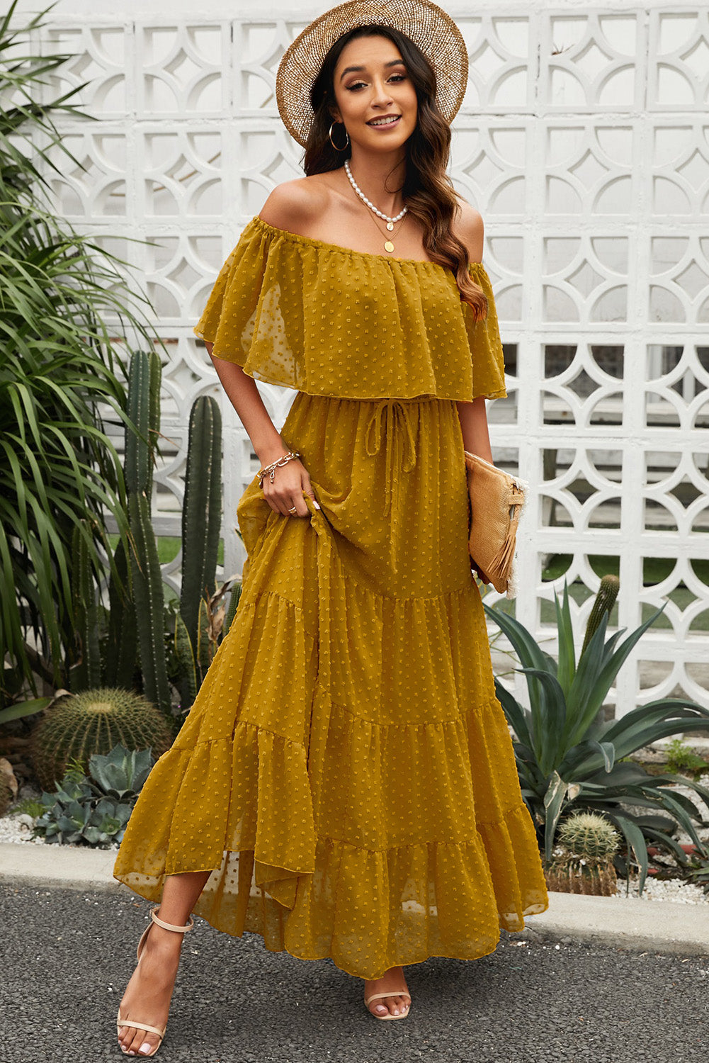 Swiss Dot Off-Shoulder Tiered Maxi Dress-Teresa&#39;s Fashionista LLC