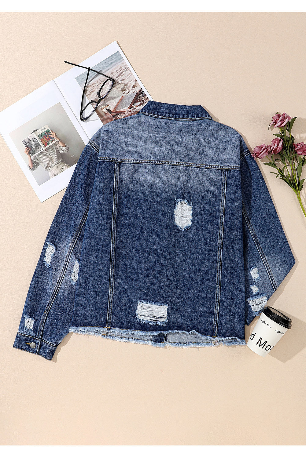 Plus Size Distressed Button Up Raw Hem Denim Jacket-Teresa&#39;s Fashionista LLC