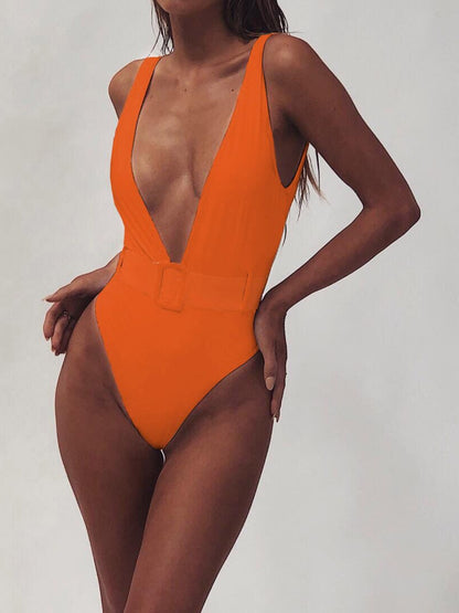 Plunge Wide Strap Sleeveless One-Piece Swimwear-Teresa&#39;s Fashionista LLC