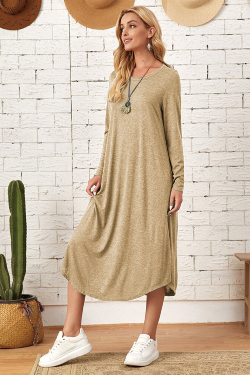 Pocketed Round Neck Long Sleeve Tee Dress-Teresa&#39;s Fashionista LLC