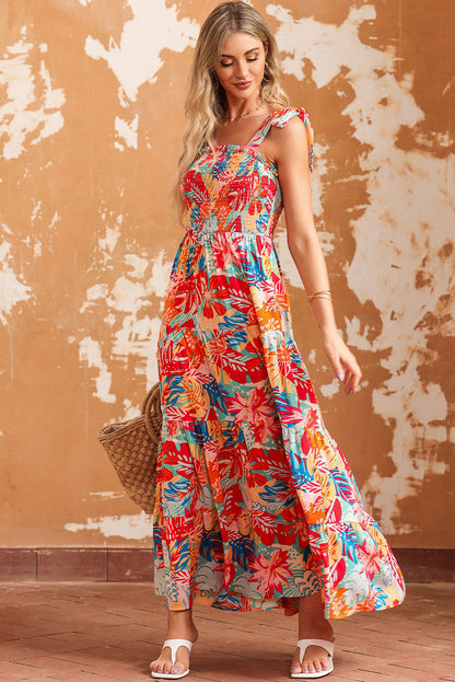 Printed Tie Shoulder Smocked Tiered Maxi Dress-Teresa&#39;s Fashionista LLC