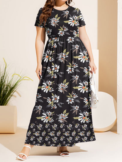 Plus Size Printed Round Neck Short Sleeve Maxi Dress-Teresa&#39;s Fashionista LLC