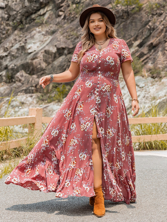 Plus Size Floral Slit Ruffle Hem Dress-Teresa&#39;s Fashionista LLC