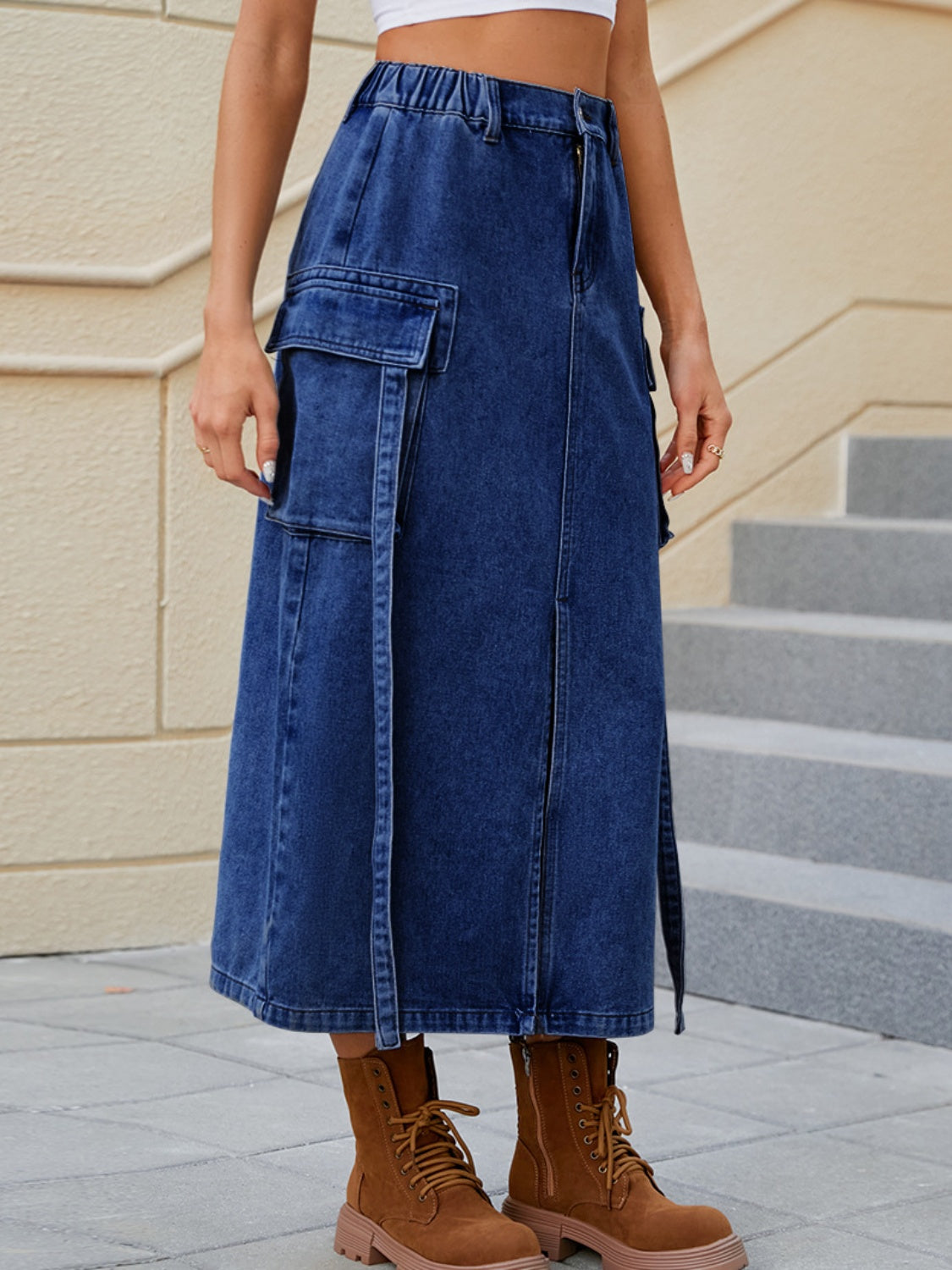 Slit Pocketed High Waist Denim Skirt-Teresa&#39;s Fashionista LLC