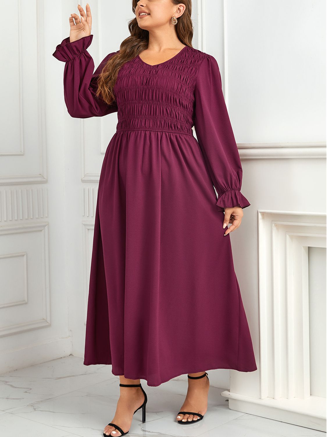 Plus Size Flounce Sleeve Smocked Maxi Dress-Teresa&#39;s Fashionista LLC