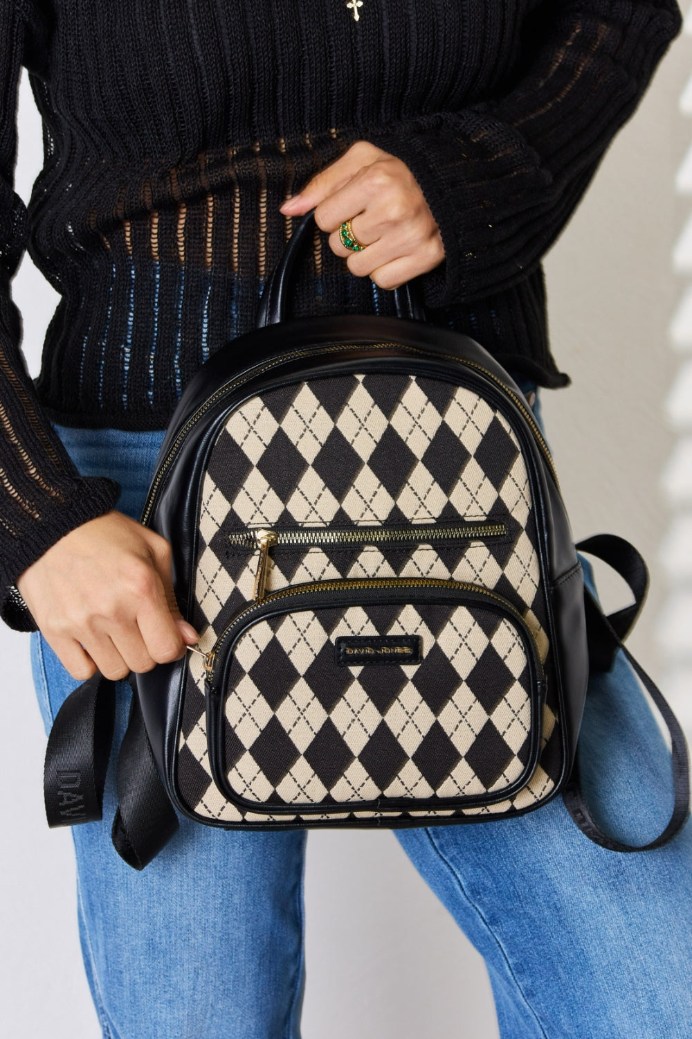 David Jones Argyle Pattern PU Leather Backpack-Teresa&#39;s Fashionista LLC