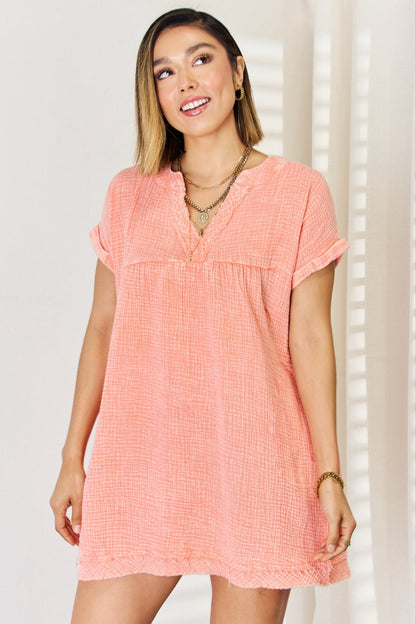 Zenana Washed Nochted Rolled Short Sleeve Dress-Teresa&#39;s Fashionista LLC