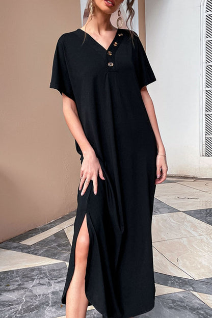 Decorative Button V-Neck Slit Maxi Dress-Teresa&#39;s Fashionista LLC