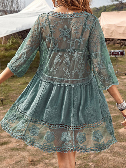 Lace Detail Plunge Cover-Up Dress-Teresa&#39;s Fashionista LLC