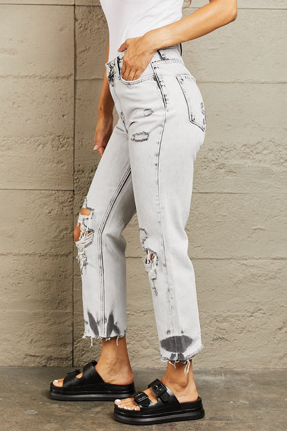 BAYEAS Acid Wash Accent Cropped Mom Jeans-Teresa&#39;s Fashionista LLC