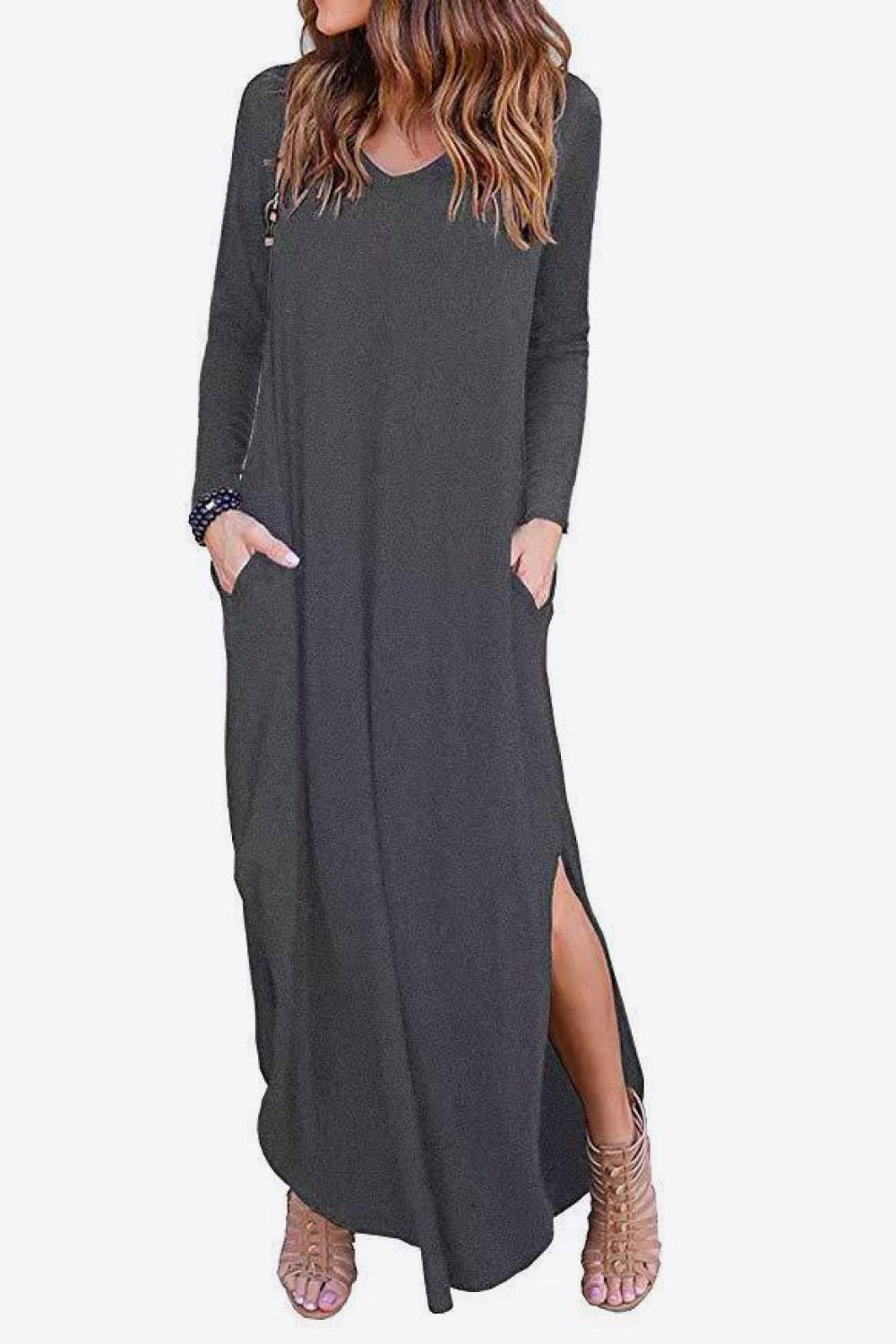 Split Long Sleeve V-Neck Maxi Dress-Teresa&#39;s Fashionista LLC