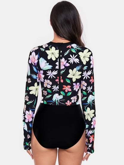 Flower Round Neck Long Sleeve One-Piece Swimwear-Teresa&#39;s Fashionista LLC