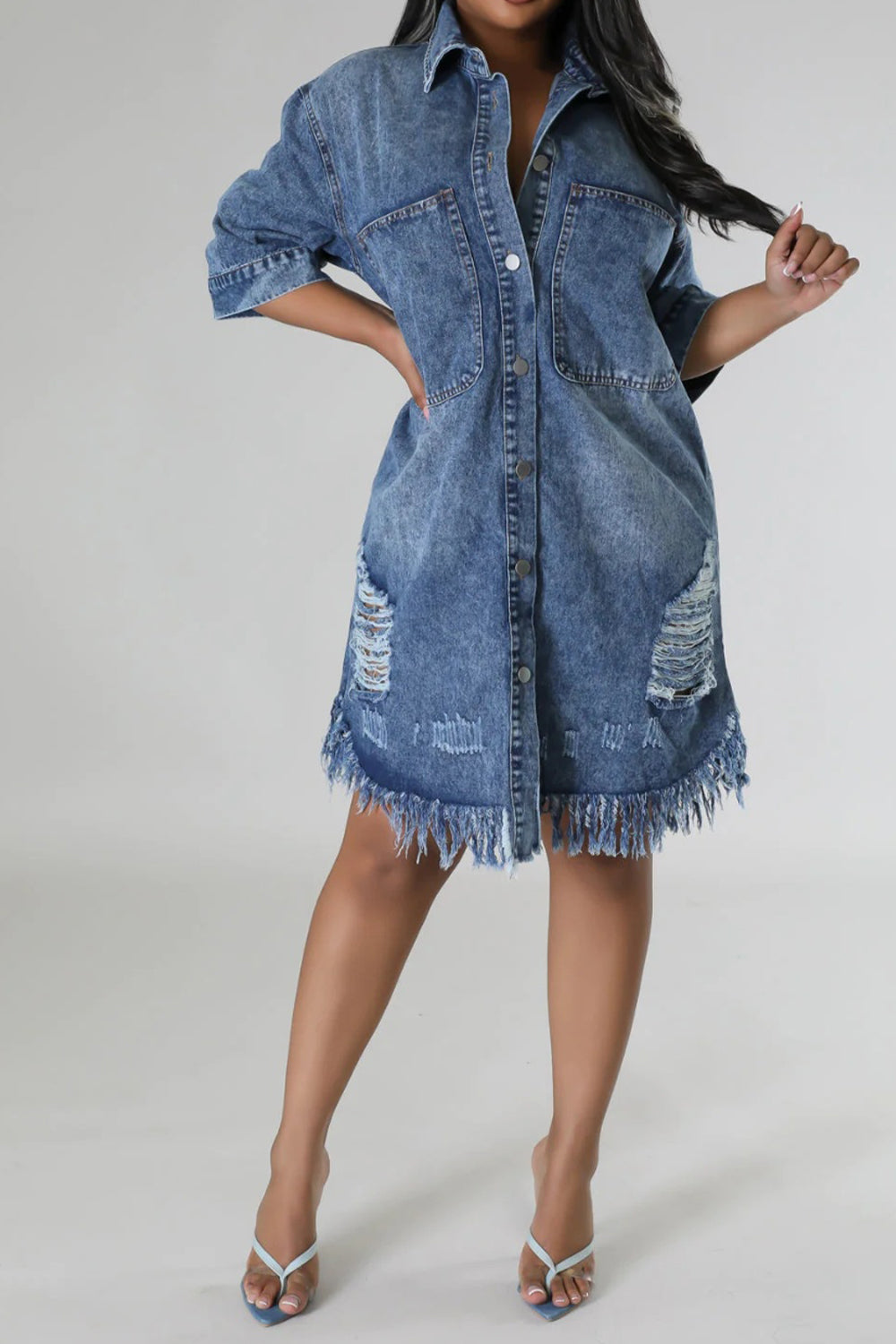 Distressed Raw Hem Button Up Denim Dress-Teresa&#39;s Fashionista LLC