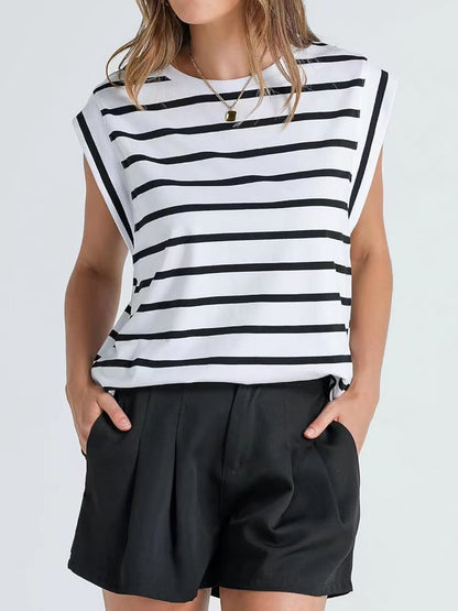 Striped Round Neck Cap Sleeve T-Shirt-Teresa&#39;s Fashionista LLC