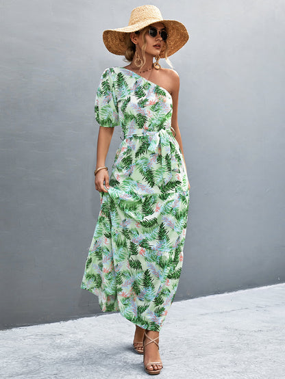 Printed Tie Waist One Shoulder Maxi Dress-Teresa&#39;s Fashionista LLC