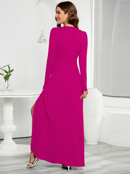 V-Neck Long Sleeve Split Dress-Teresa&#39;s Fashionista LLC