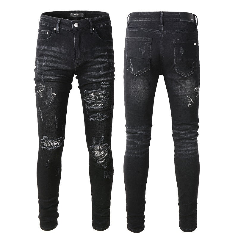 Men's Black Paisley Printed Patch Ripped Jeans-Teresa&#39;s Fashionista LLC