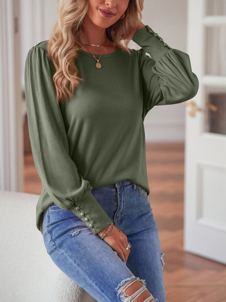 Round Neck Lantern Sleeve Blouse-Teresa&#39;s Fashionista LLC