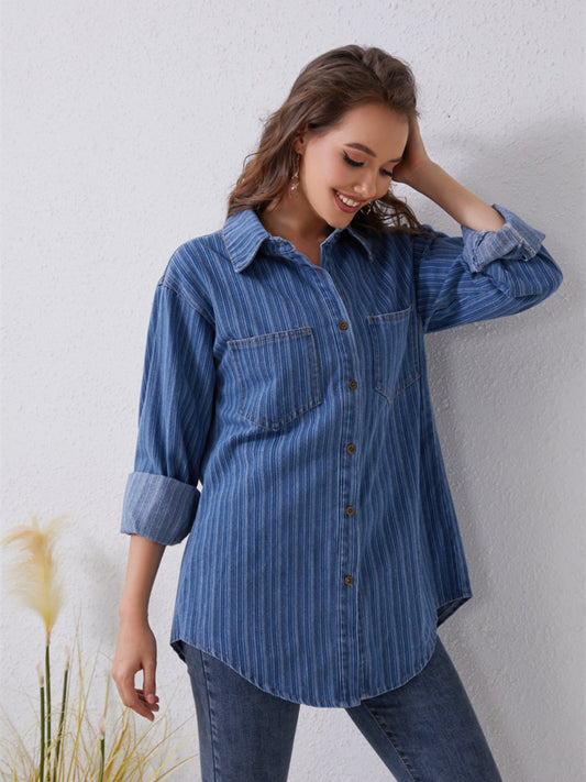 Pocketed Striped Button Up Denim Shirt - Teresa's Fashionista LLC