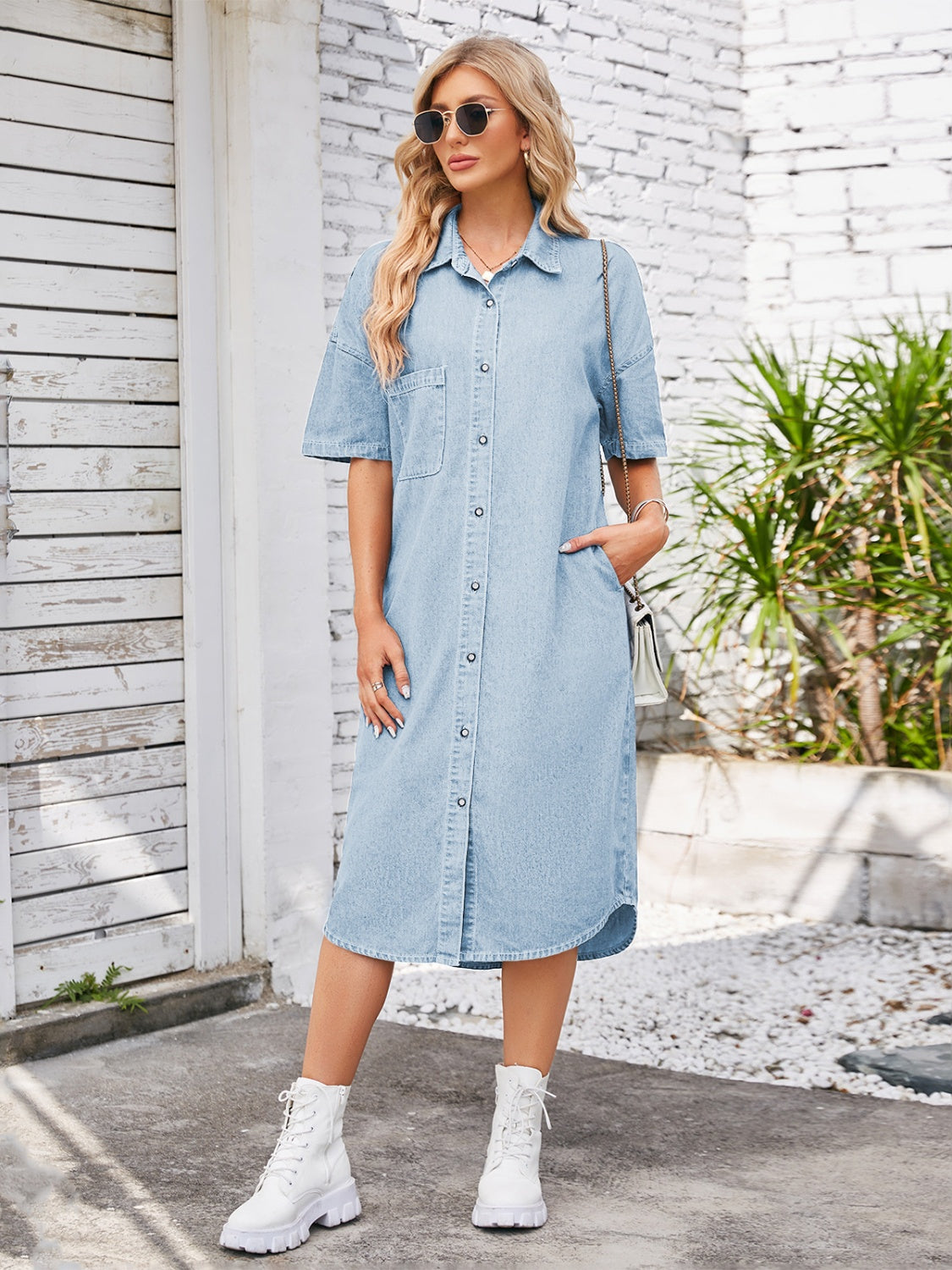 Button Up Dropped Shoulder Denim Dress-Teresa&#39;s Fashionista LLC