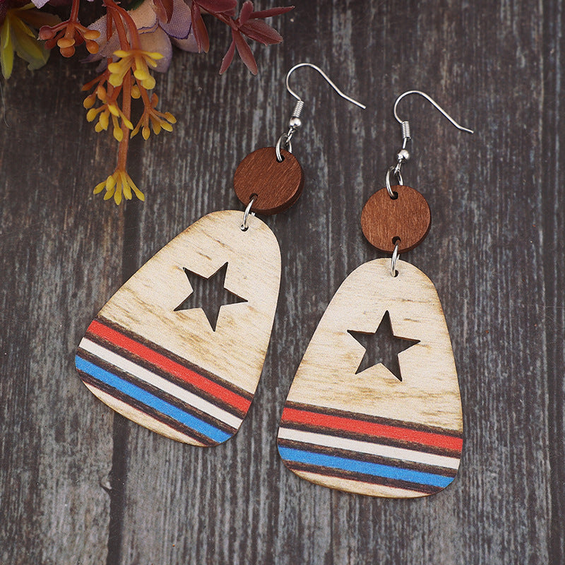 Cutout Star & Stripes Wooden Dangle Earrings-Teresa&#39;s Fashionista LLC