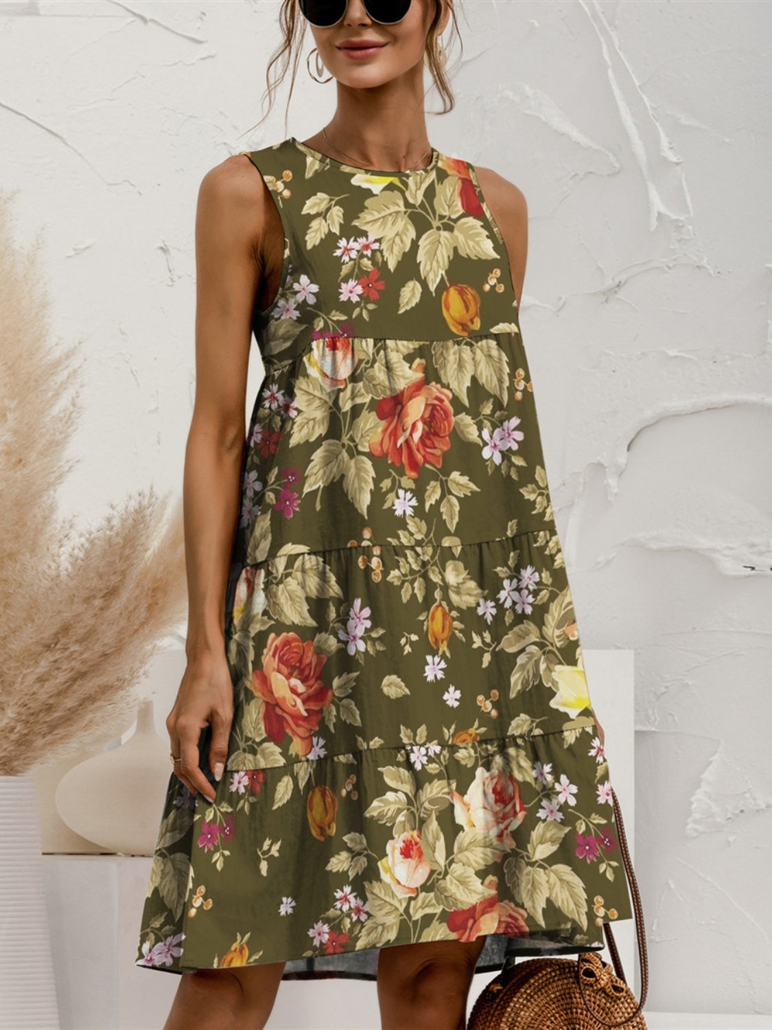 Tiered Printed Round Neck Sleeveless Dress-Teresa&#39;s Fashionista LLC