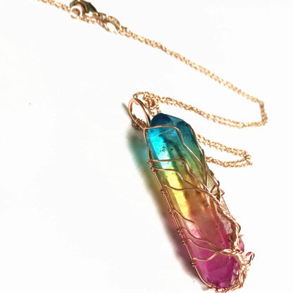 Crystal Plating Rainbow Color Crystal Pillar Tree Of Life Pendant Necklace-Teresa&#39;s Fashionista LLC