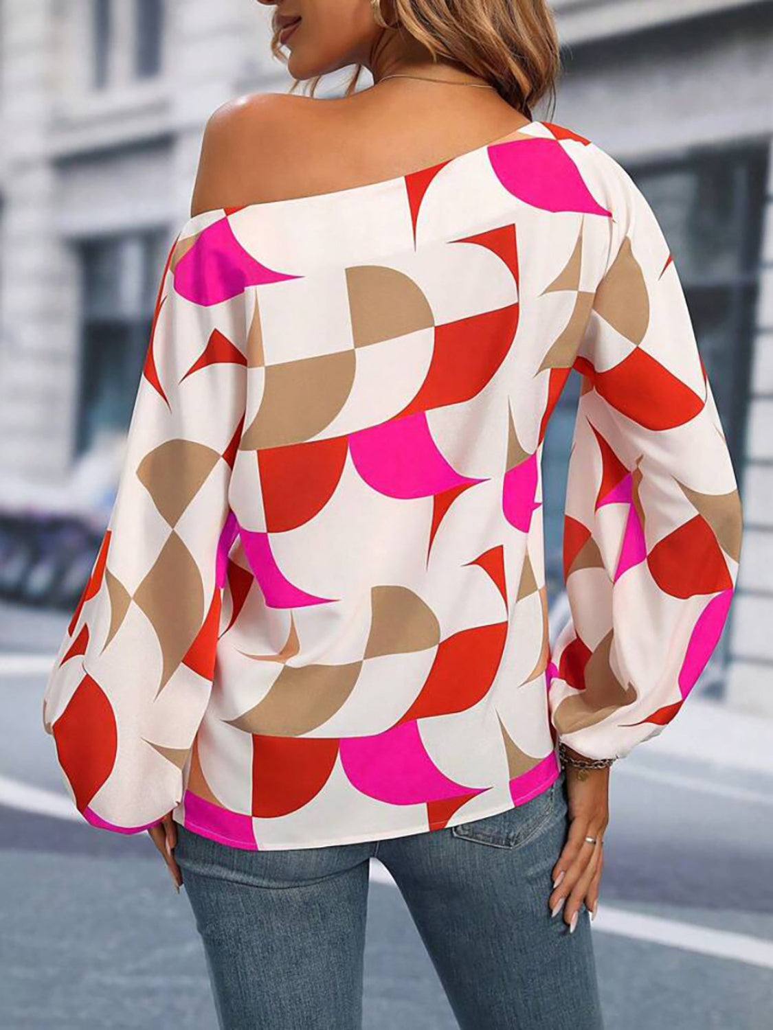 Printed One Shoulder Balloon Sleeve Blouse-Teresa&#39;s Fashionista LLC