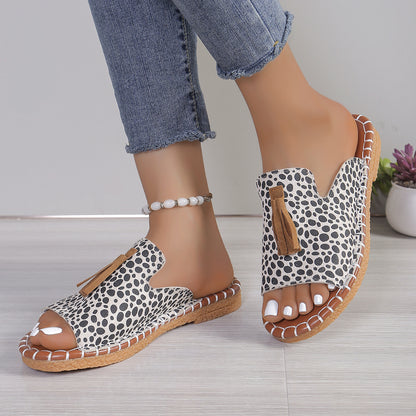 Fringe Leopard Open Toe Sandals-Teresa&#39;s Fashionista LLC