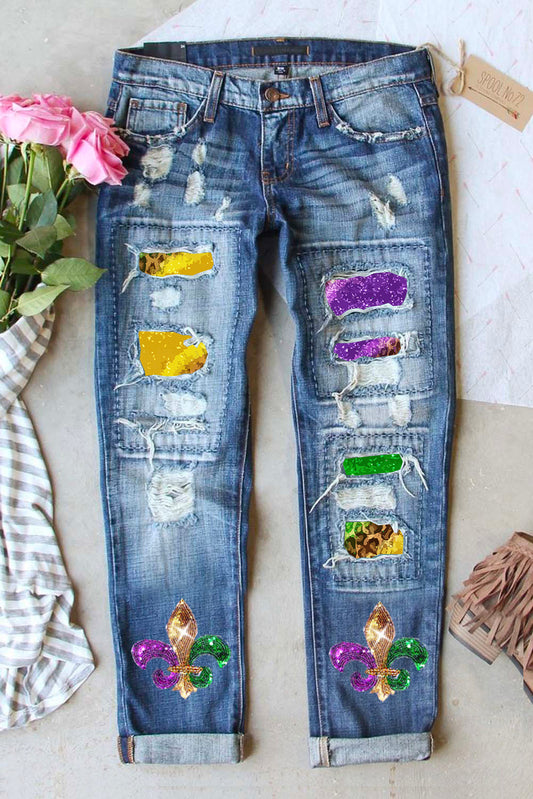 Mardi Gras Sequin Distressed Straight Jeans - Teresa's Fashionista LLC