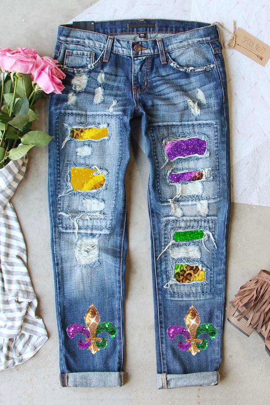 Mardi Gras Sequin Distressed Straight Jeans-Teresa&#39;s Fashionista LLC