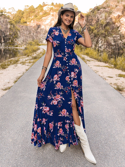 V-Neck Short Sleeve Maxi Dress-Teresa&#39;s Fashionista LLC