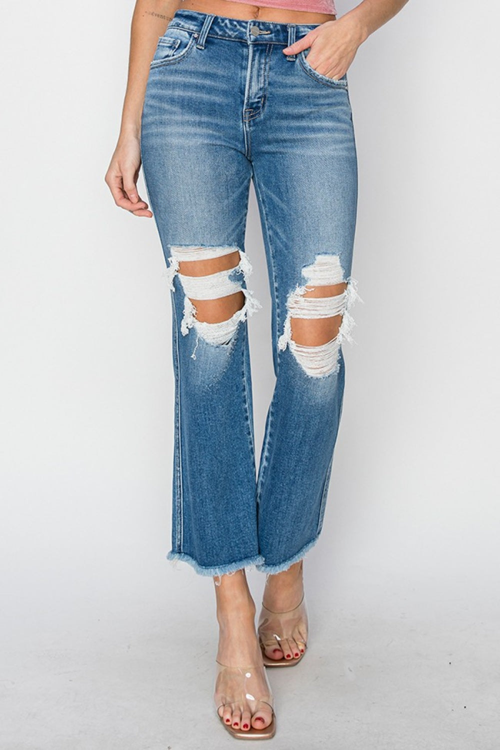 RISEN Mid Rise Distressed Cropped Flare Jeans-Teresa&#39;s Fashionista LLC