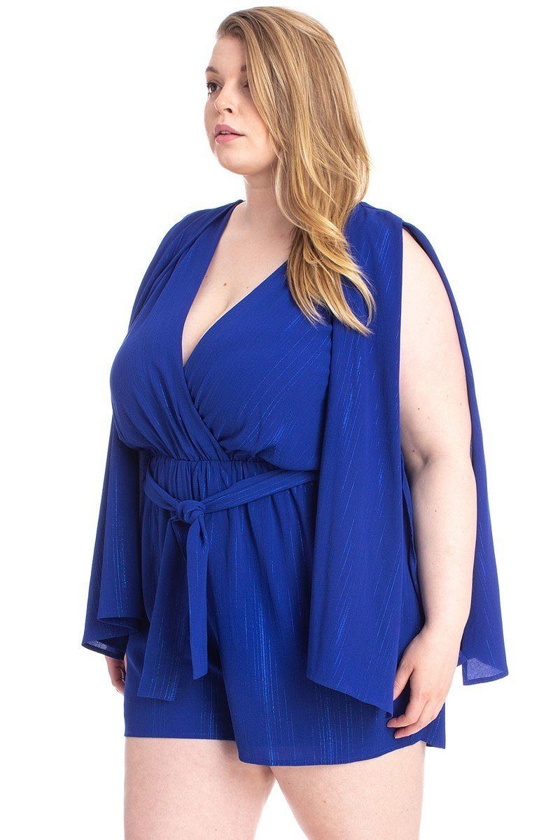 Shimmer Fabric Draped Open Sleeve Romper-Teresa&#39;s Fashionista LLC