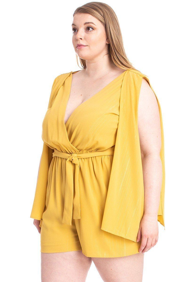 Shimmer Fabric Draped Open Sleeve Romper-Teresa&#39;s Fashionista LLC