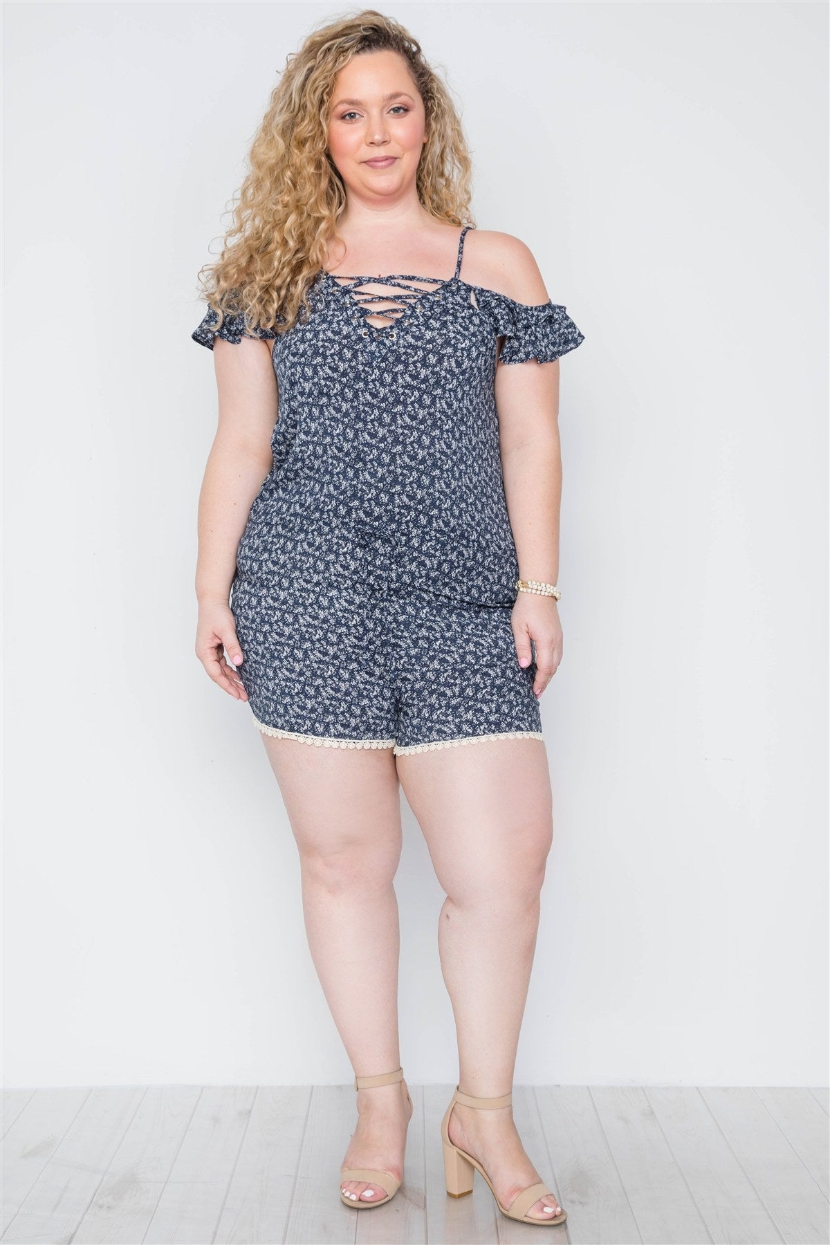 Plus Size Navy Floral Print Lace Up Romper-Teresa&#39;s Fashionista LLC