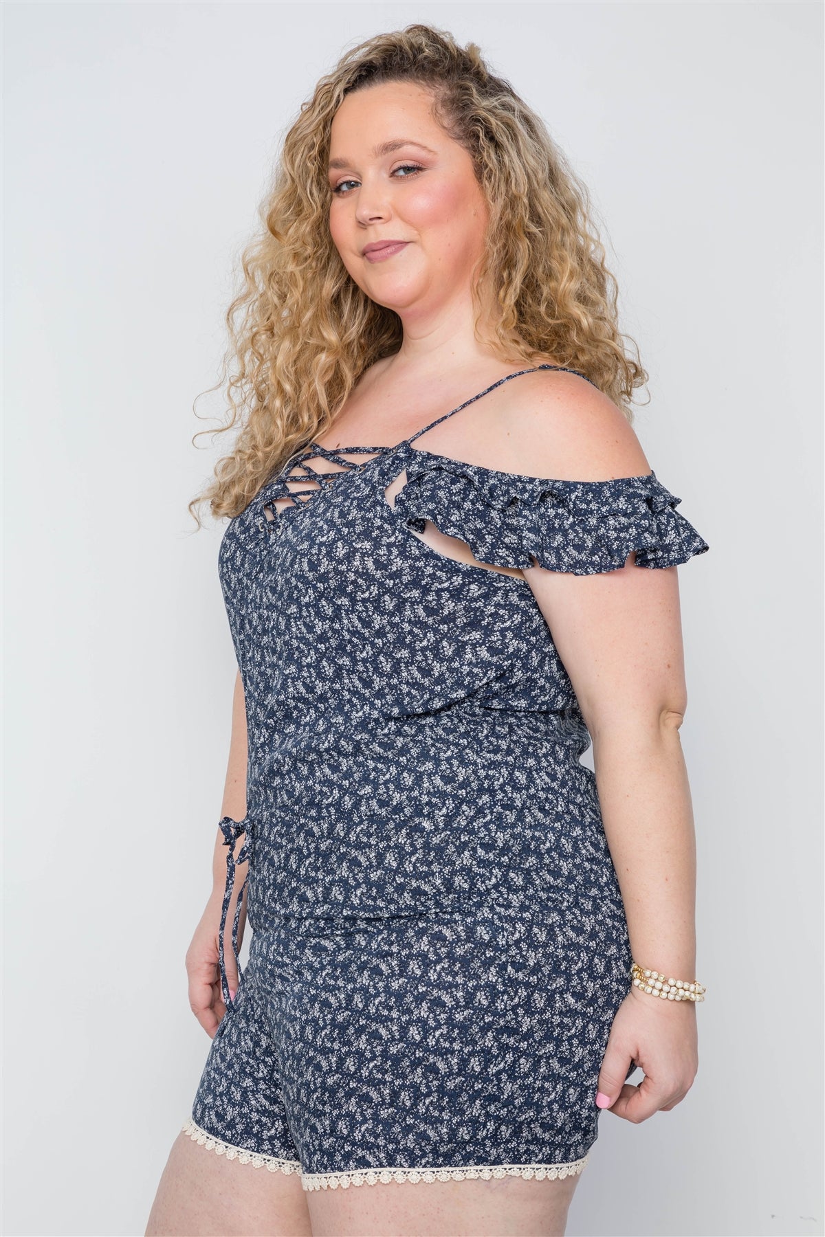 Plus Size Navy Floral Print Lace Up Romper-Teresa&#39;s Fashionista LLC