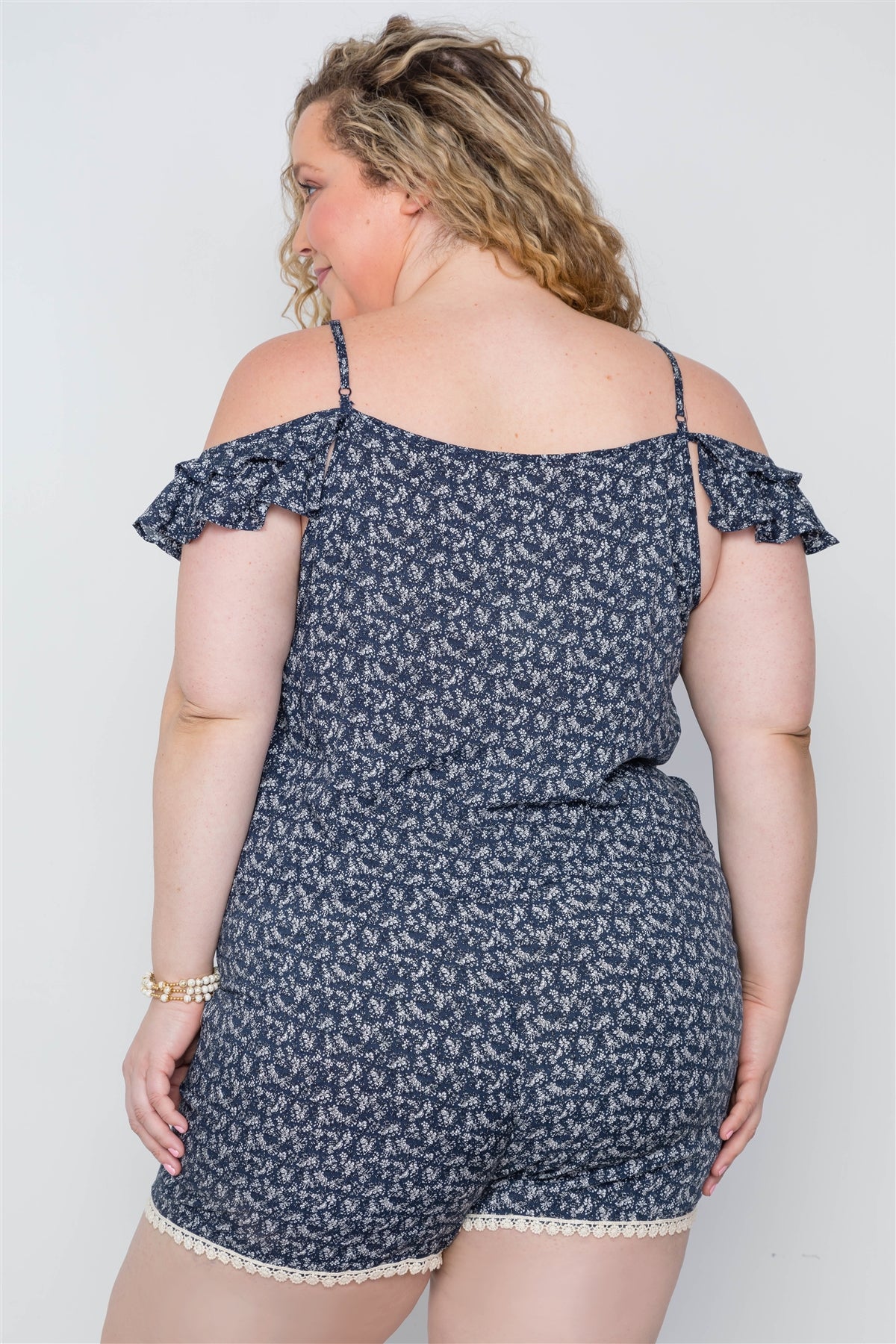 Plus Size Navy Floral Print Lace Up Romper-Teresa&#39;s Fashionista LLC