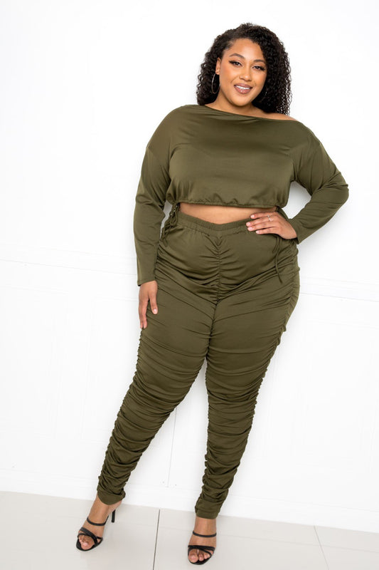 Off Shoulder Cropped Top And Ruched Leggings Sets-Teresa&#39;s Fashionista LLC