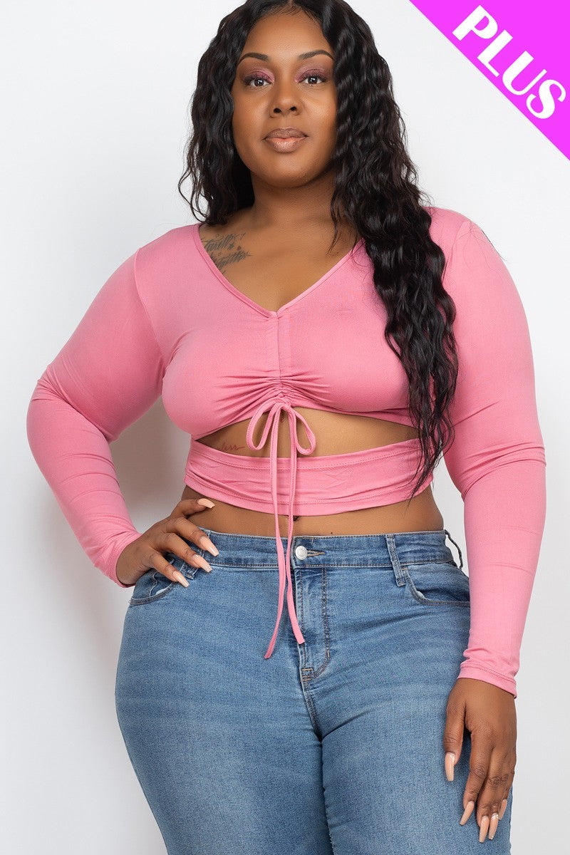 Plus Size Drawstring Ruched Cutout Crop Top-Teresa&#39;s Fashionista LLC