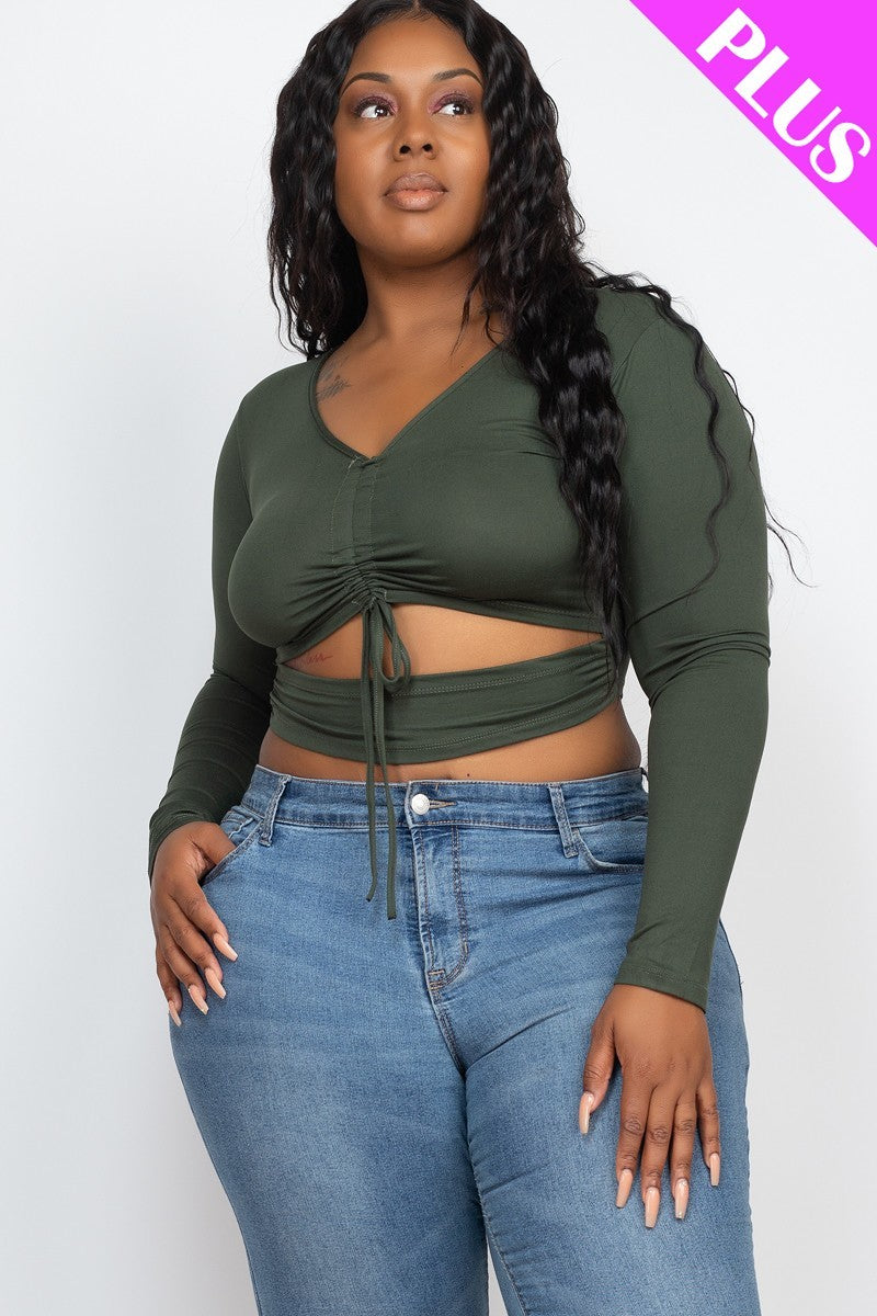 Plus Size Drawstring Ruched Cutout Crop Top-Teresa&#39;s Fashionista LLC