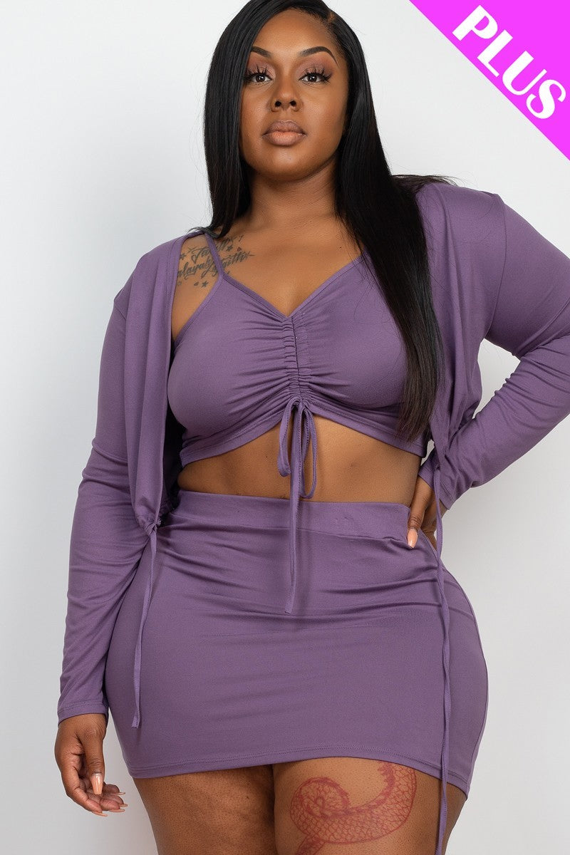 Plus Size Ruched Drawstring Cami Top & Skirt Set With Cardigan-Teresa&#39;s Fashionista LLC