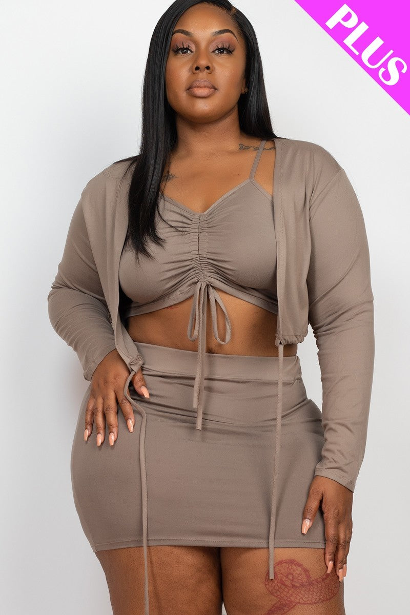 Plus Size Ruched Drawstring Cami Top & Skirt Set With Cardigan-Teresa&#39;s Fashionista LLC