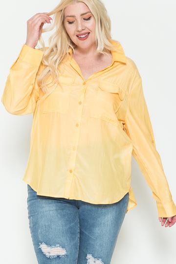 Plus Size Chest Pocket Oversized Satin Shirt-Teresa&#39;s Fashionista LLC