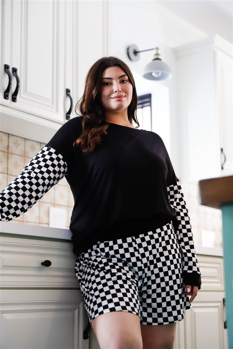 Plus Black & White Checkboard Pattern Long Sleeve Top & Shorts Set-Teresa&#39;s Fashionista LLC