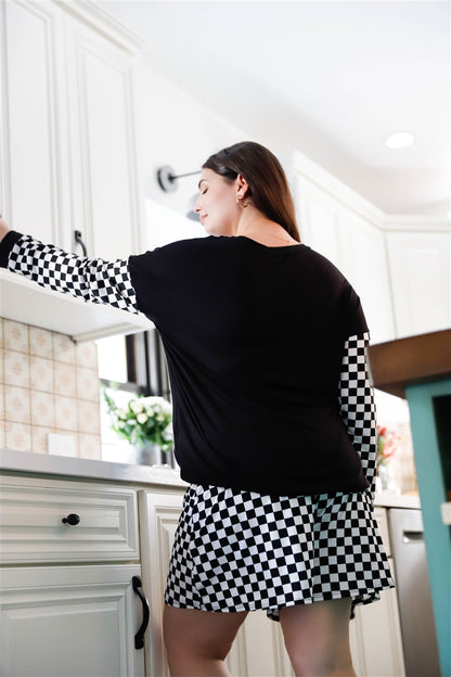 Plus Black & White Checkboard Pattern Long Sleeve Top & Shorts Set-Teresa&#39;s Fashionista LLC